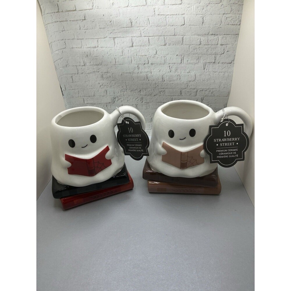 Ghost Reading Book on Stack of Books Set Of 2 Mug Halloween 10 Strawberry Street